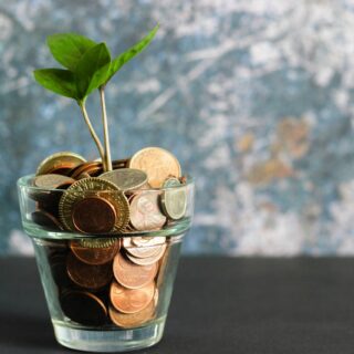glass of coins with seedling